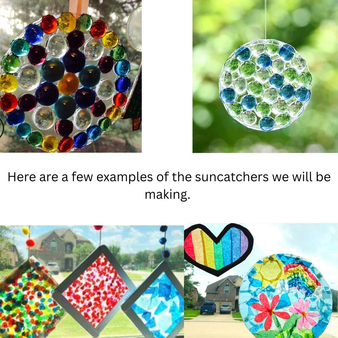 Four examples of suncatchers. Two using glass beads and glue, and two using tissue paper on contact paper.