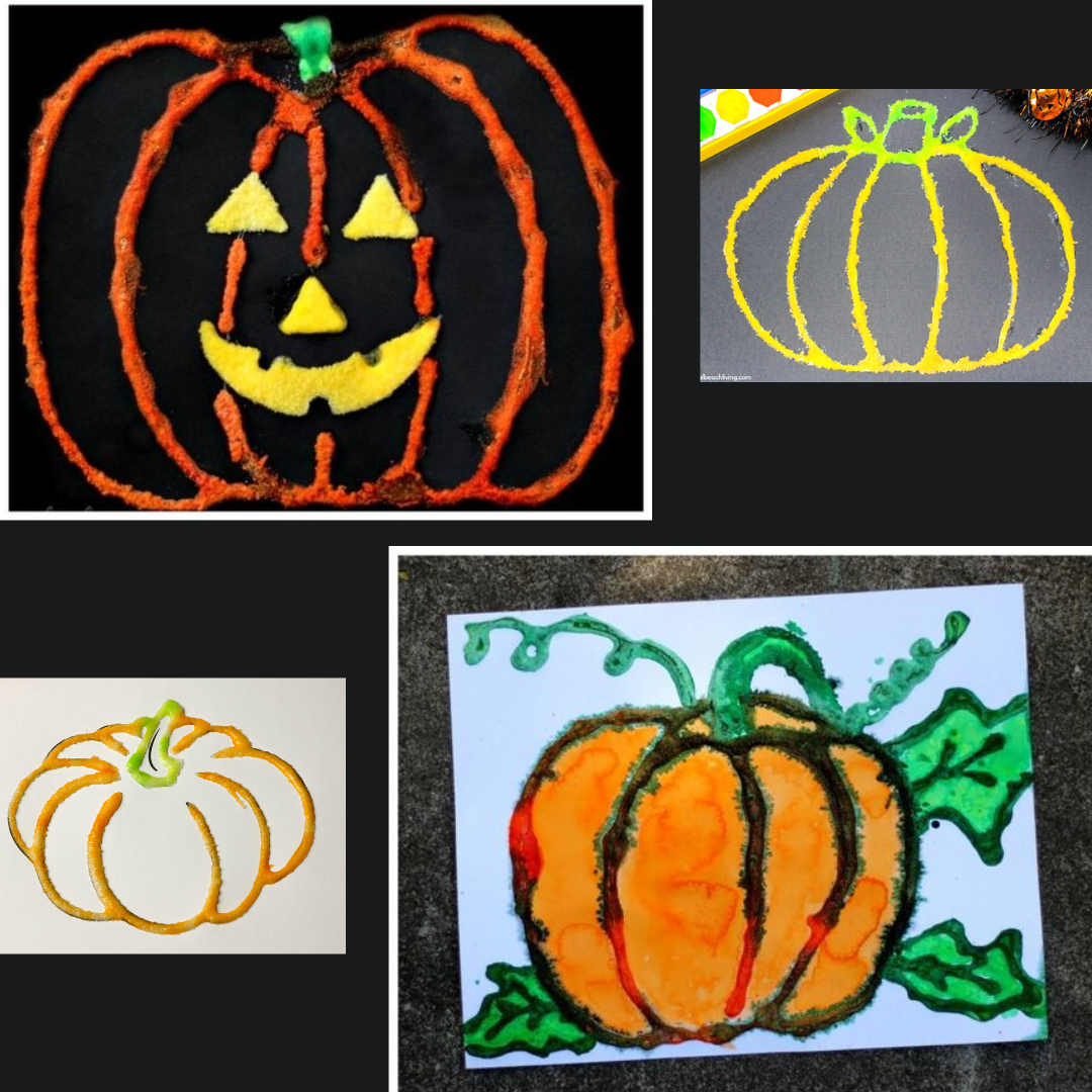 Examples of pumpkin watercolor salt paintings.