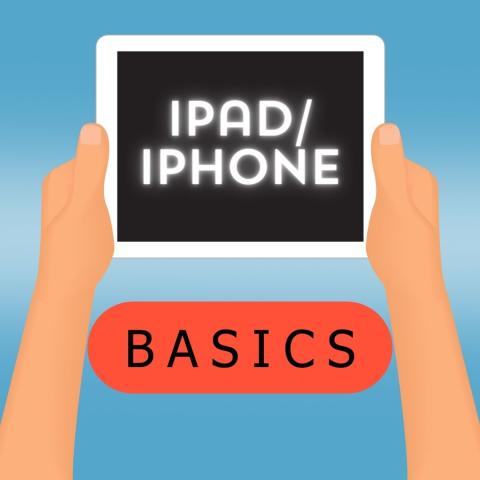 Hands holding a tablet. Text "iPad/iPhone Basics".