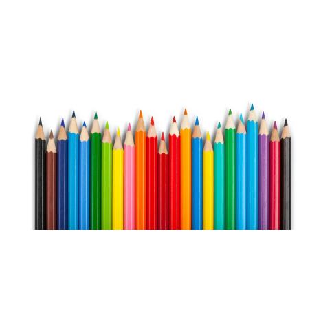 Many colors of sharpened colored pencils in a row.