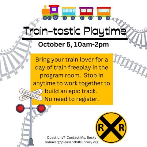 Announcement for program featuring train tracks, a multicolored toy train, railroad crossing signs.