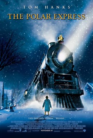 Silhouette of a boy in pajamas at nighttime front of a train engine.  There is snow on the ground and snow falling.   