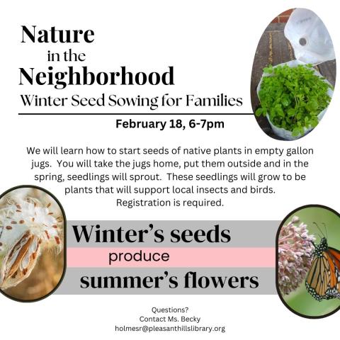 Program description with pictures of a gallon jug cut in half with seedlings growing inside of it.  A picture of a milkweed pod that is tan and bursting with fluffy white seeds, another picture of a monarch butterfly which is orange and black on a pink milkweed flower.