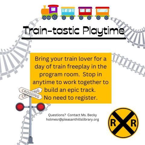 Program description with a background of train tracks, railroad crossing signs, and a colorful train