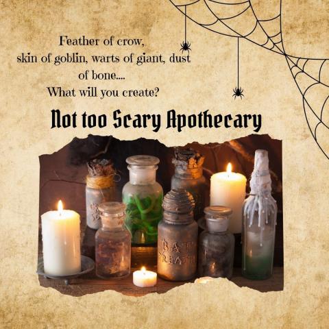 Various size bottles with labels of fantasy ingredients stand with 2 white candles