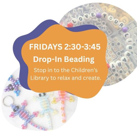 program description with a background photo of a beaded bracelet with the words love your library and colorful beaded lizards