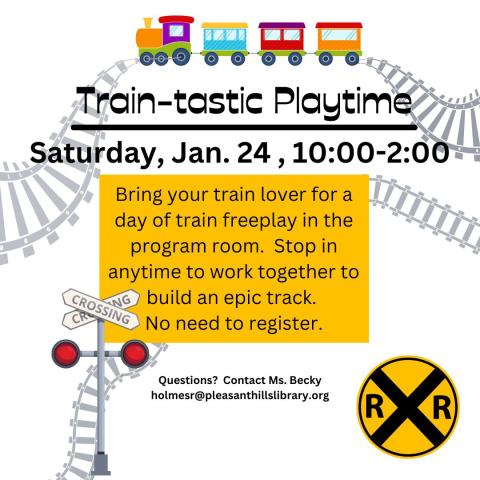 Program description with a background of railroad crossing signs, train tracks, and a colorful train