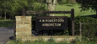 Brown sign that reads, "A.W. Robertson Arboretum"