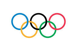 Image of the Olympics logo, 5 connected circles in 2 rows, the top row is blue, black, red, the bottom is yellow and green.