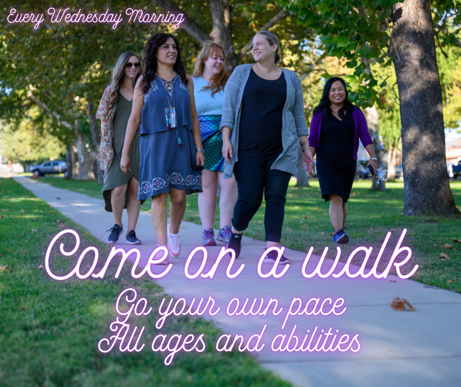 Group of people on a walk.  Come on a walk, go your own pace, all ages and abilities.  Every Wednesday morning.