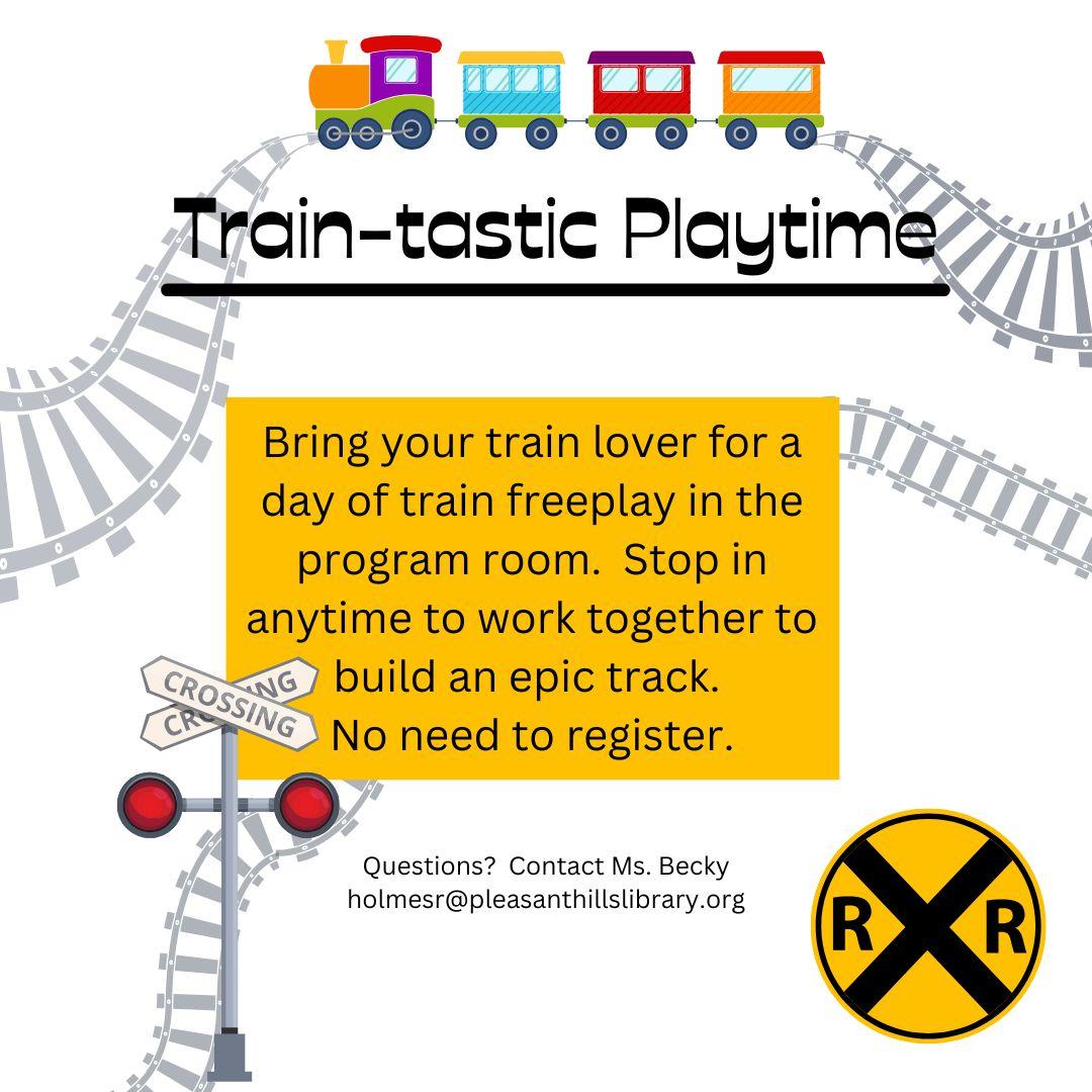 Program description with a background of train tracks, railroad crossing signs, and a colorful train